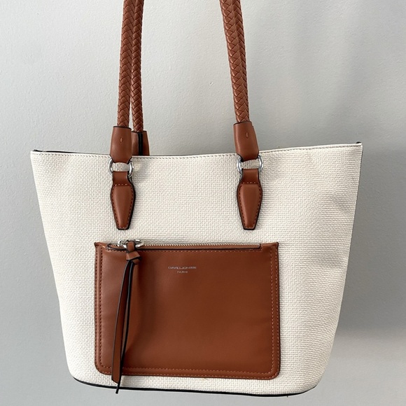 David Jones Paris Vegan Leather Braided Strap Cream and Brown Tote Shoulder Bag - Picture 3 of 5